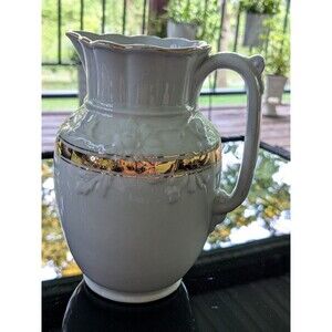 Burgess Burslem Antique Water Pitcher 1870s White Ironstone Gold Leaf Victorian